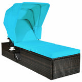 Chaise Cushioned Top Canopy Patio Rattan Lounge Chair with Tea Table