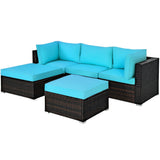 5 Pieces Patio Rattan Sectional Conversation Ottoman Furniture Set