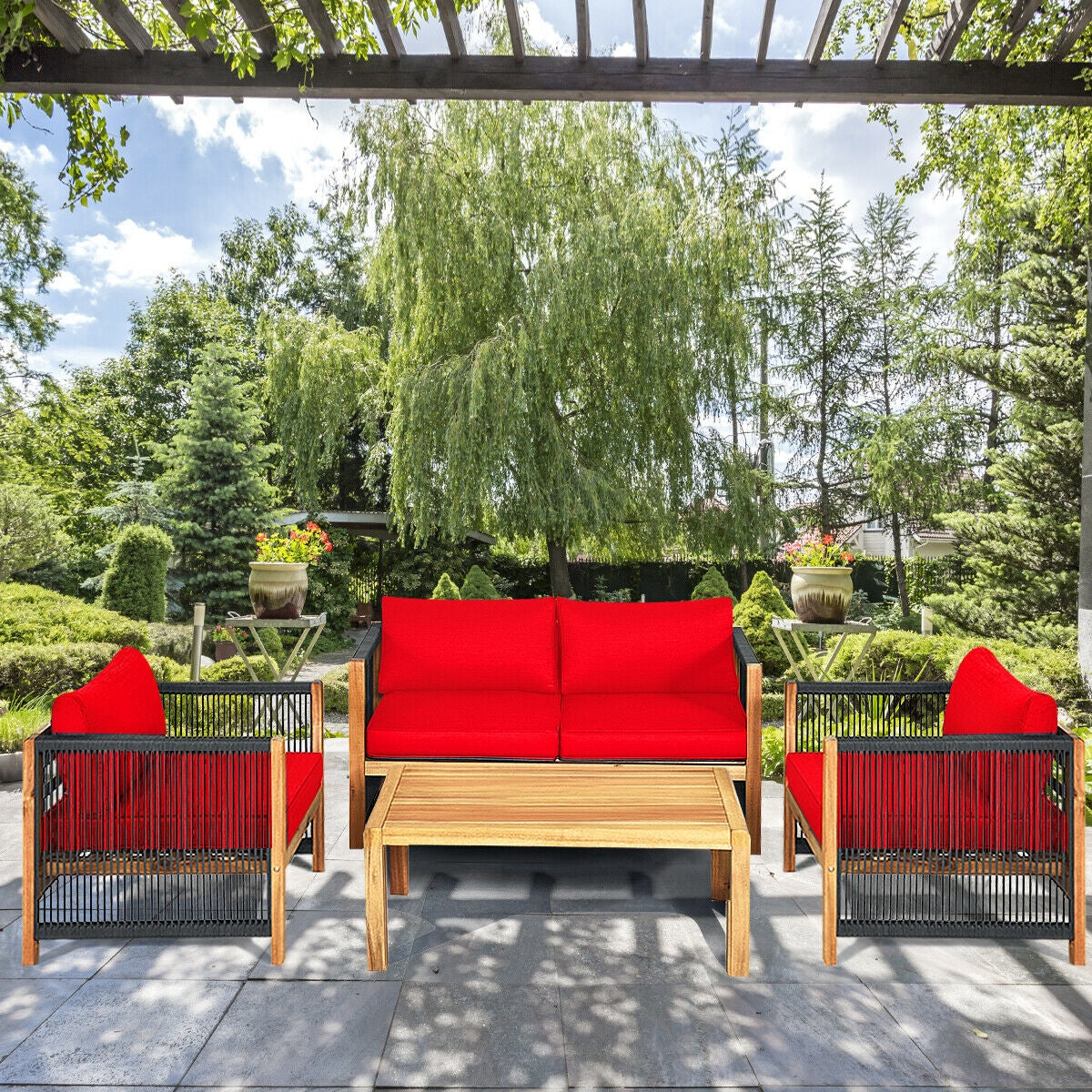 4 Pieces Acacia Wood Outdoor Patio Furniture Set with Cushions