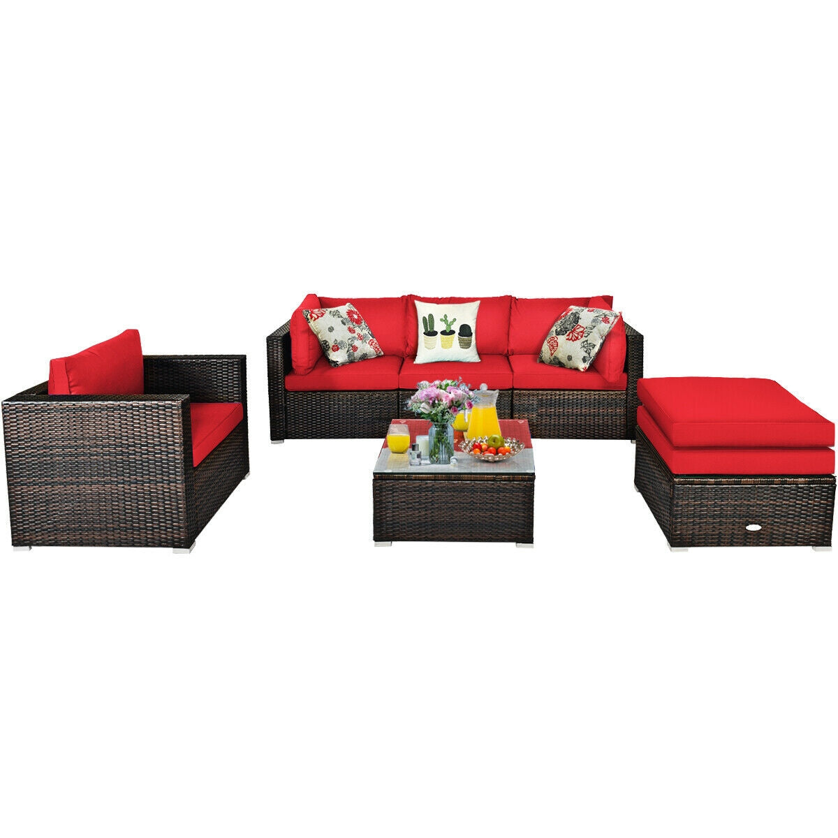 6 Pcs Patio Rattan Furniture Set with Sectional Cushion