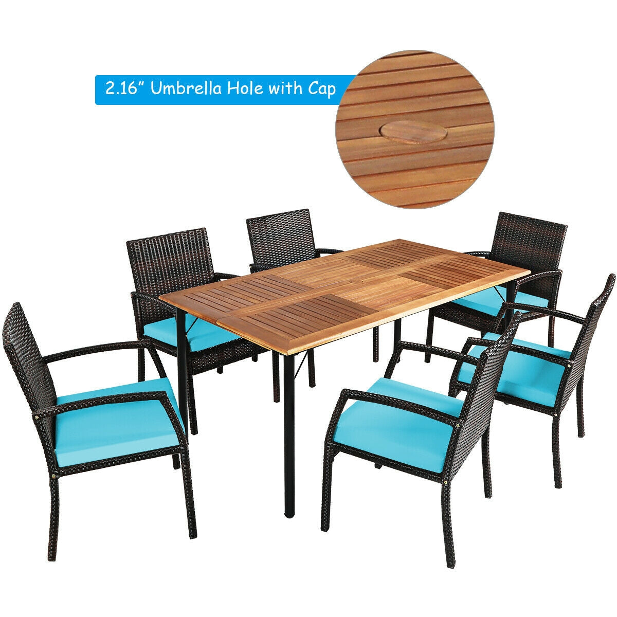 7PCS Patio Rattan Cushioned Dining Set with Umbrella Hole