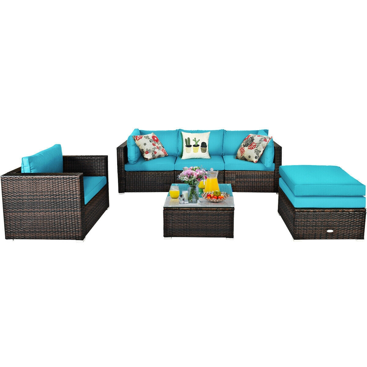 6 Pcs Patio Rattan Furniture Set with Sectional Cushion