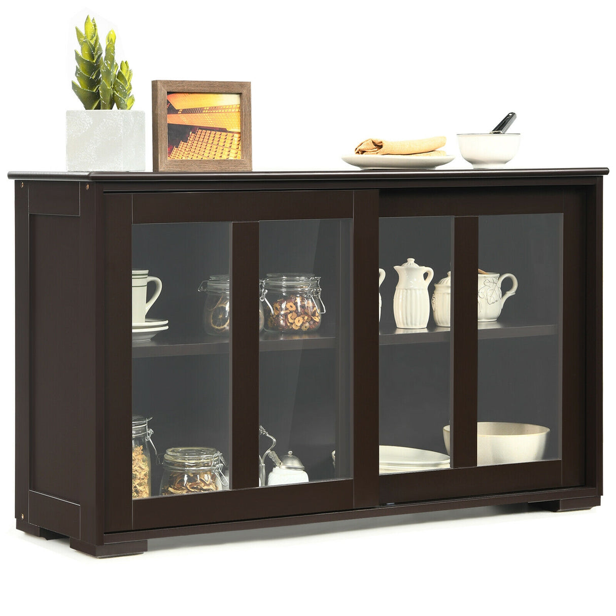 Kitchen Storage Cabinet with Glass Sliding Door