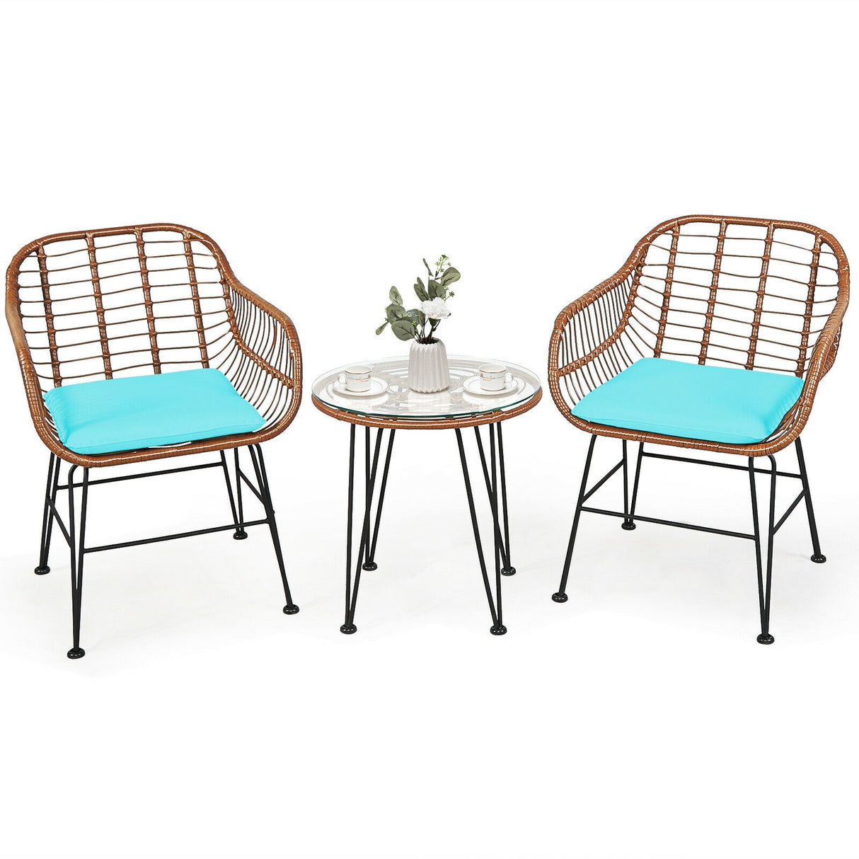 3 Pieces Patio Rattan Bistro Set with Cushion