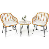 3 Pieces Rattan Furniture Set with Cushioned Chair Table