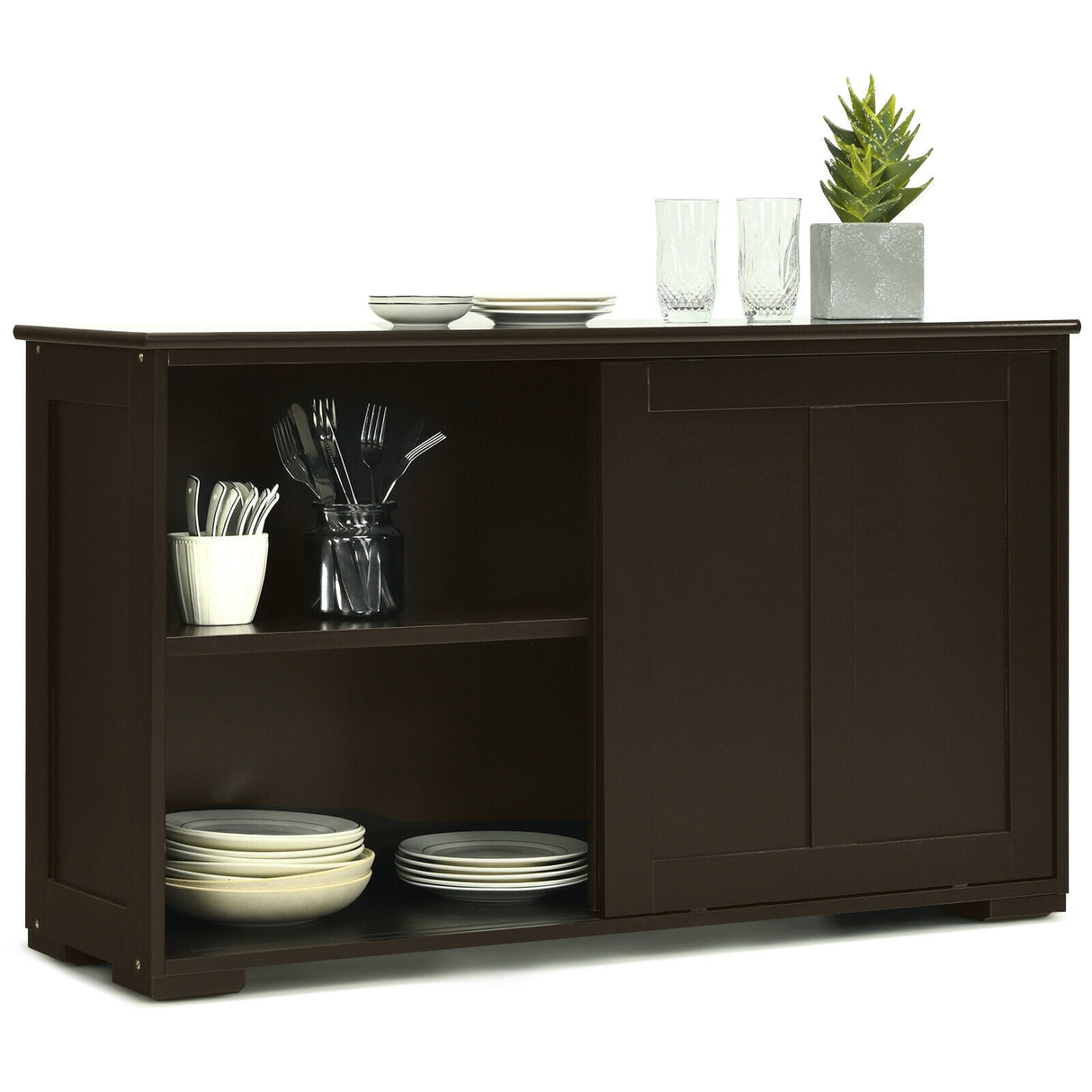 Kitchen Storage Cabinet with Wood Sliding Door-Brown