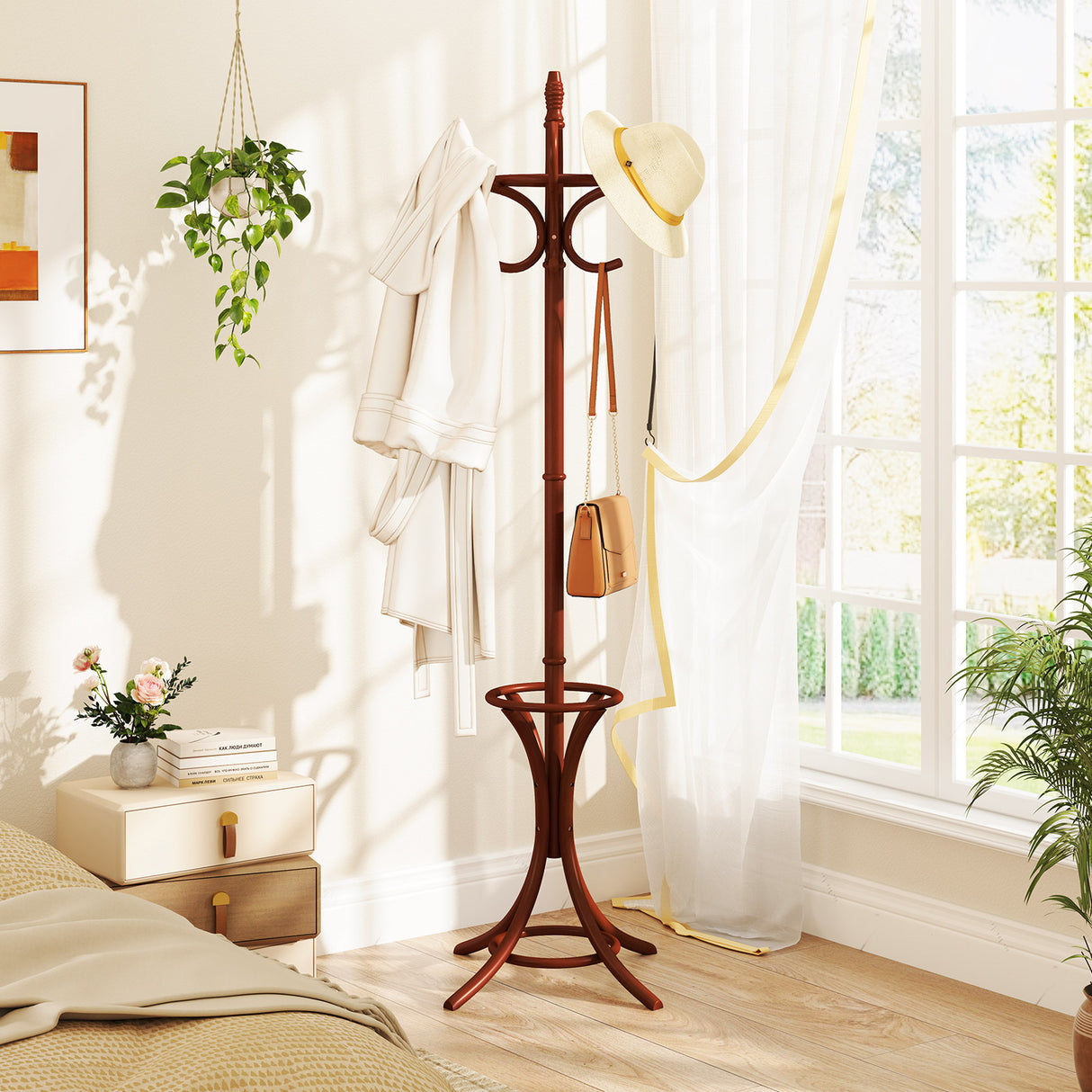 Wood Standing Hat Coat Rack with Umbrella Stand