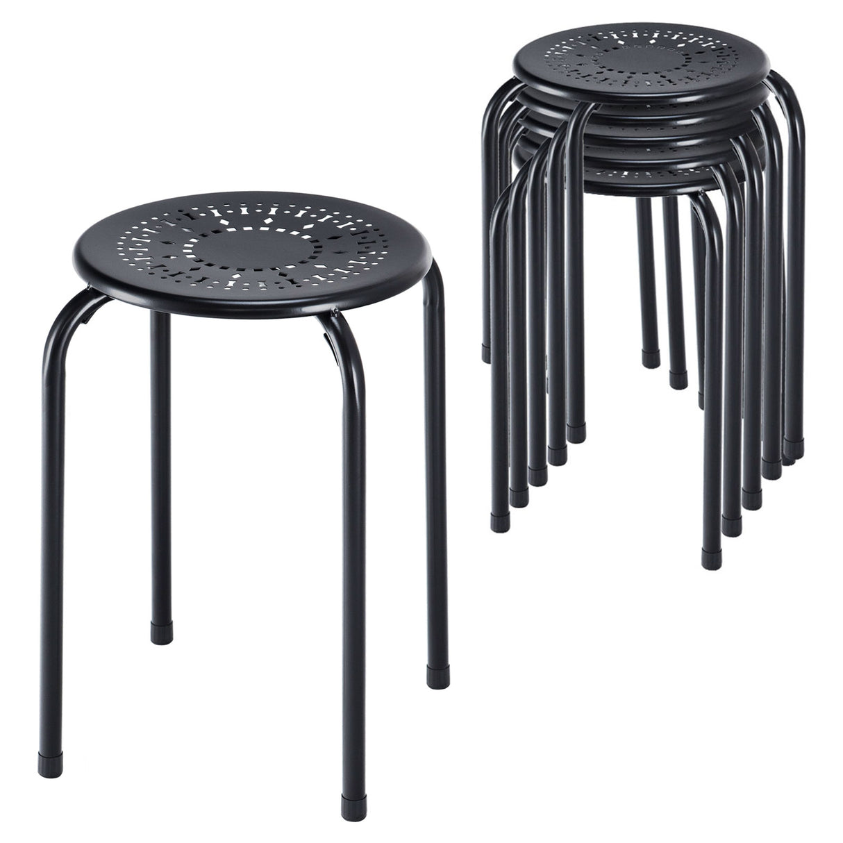Set of 6 Stackable Multifunctional Daisy Design Backless Round Metal Stool Set