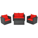 4 Pieces Patio Rattan Conversation Set with Cushions and Coffee Table