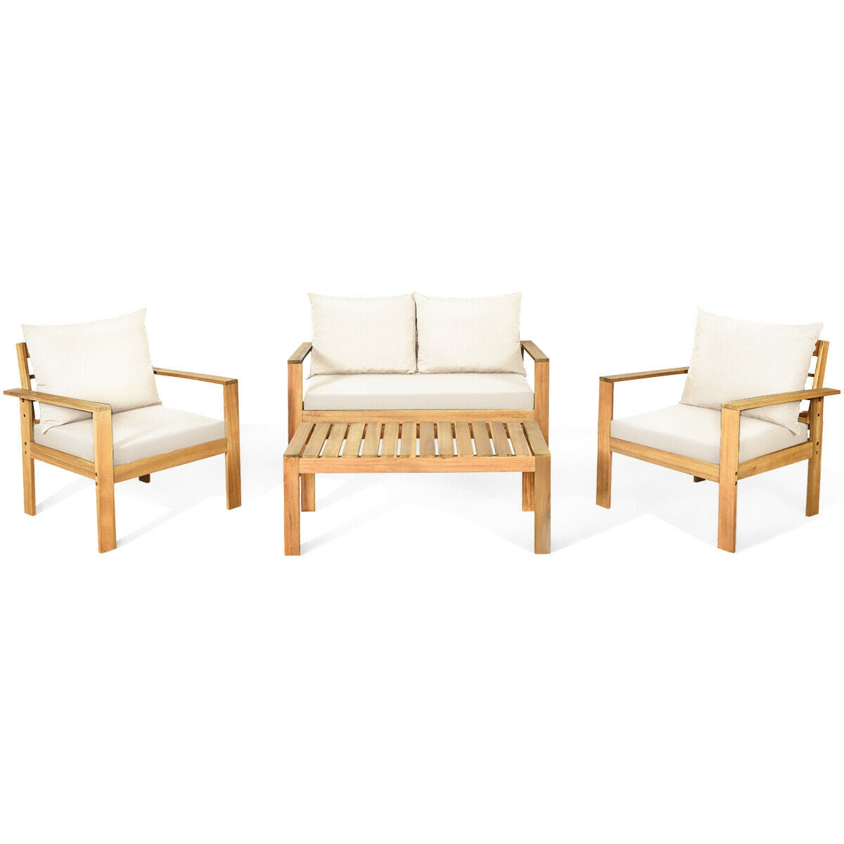 Outdoor 4 Pieces Acacia Wood Chat Set with Water Resistant Cushions