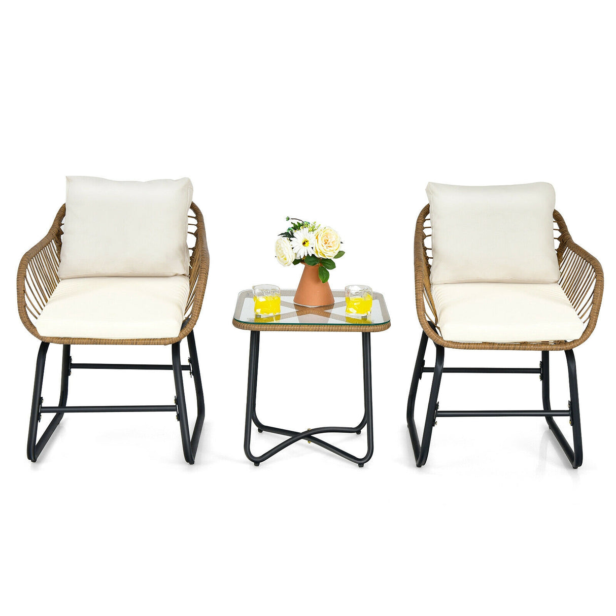 3-Piece Patio Bistro Set with 2 Rattan Chairs and Square Glass Coffee Table-White