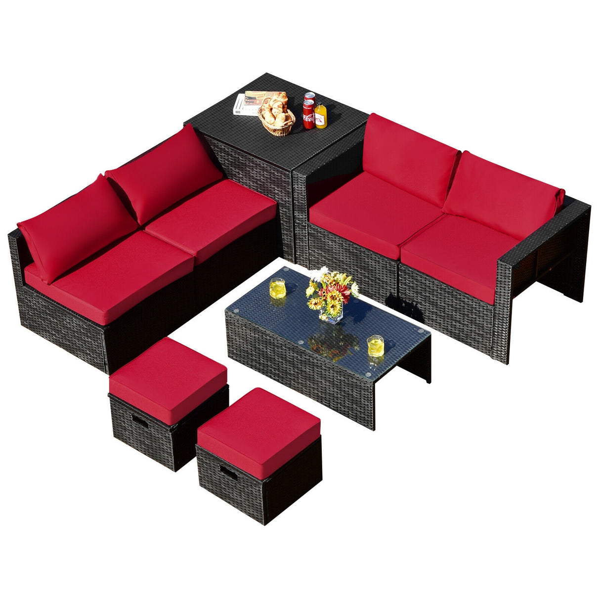 8 Pieces Patio Rattan Storage Table Furniture Set