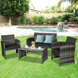 4 Pcs Patio Rattan Furniture Set Top Sofa With Glass Table