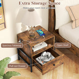 Nightstand with Charging Station and Drawer Sofa Side Table-Rustic Brown