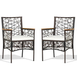 2 Pieces PE Wicker Patio Bistro Dining Chairs with Acacia Wood Armrests and Cushions