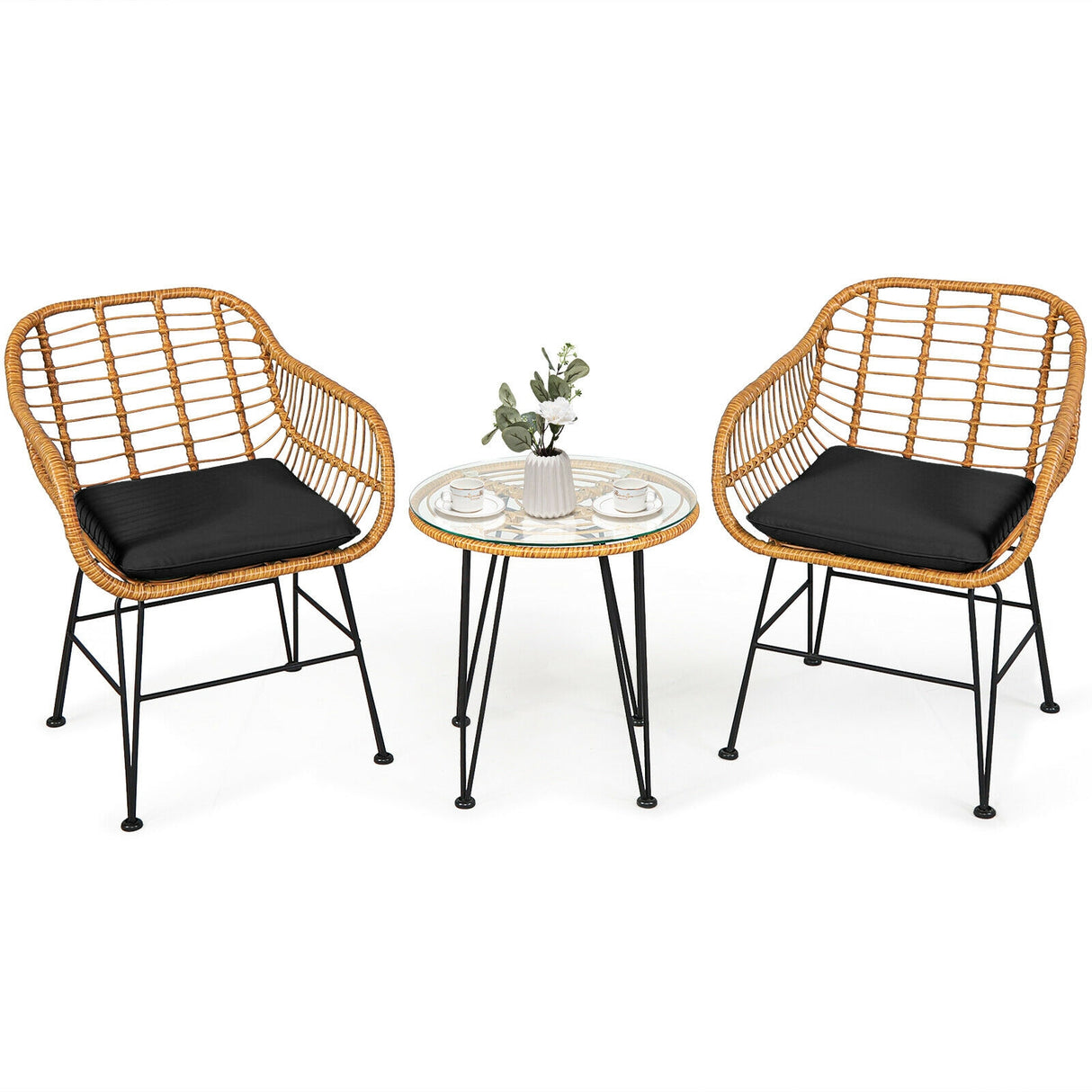 3 Pieces Rattan Furniture Set with Cushioned Chair Table