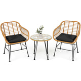 3 Pieces Rattan Furniture Set with Cushioned Chair Table