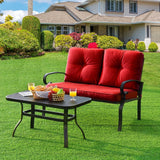 2PCS Patio Loveseat Bench Table Furniture Set with Cushioned Chair
