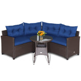 4 Pieces Patio Rattan Furniture Set Cushioned Sofa Glass Table