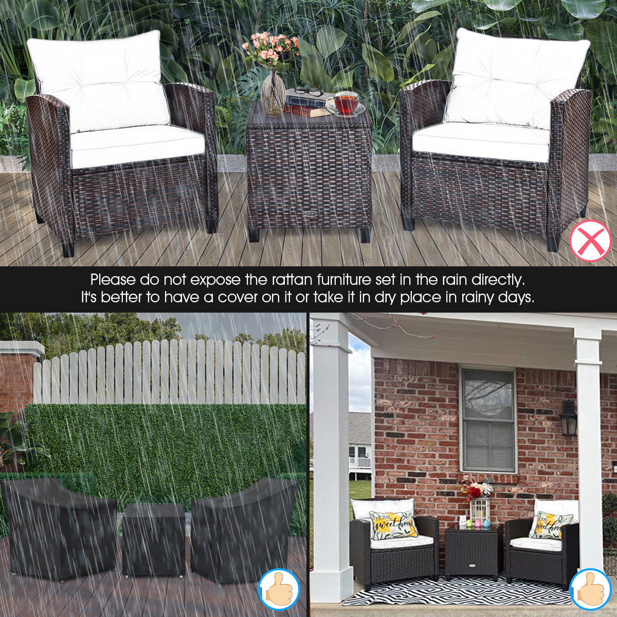 3 Pcs Patio Rattan Furniture Set Cushioned Conversation Set Coffee Table