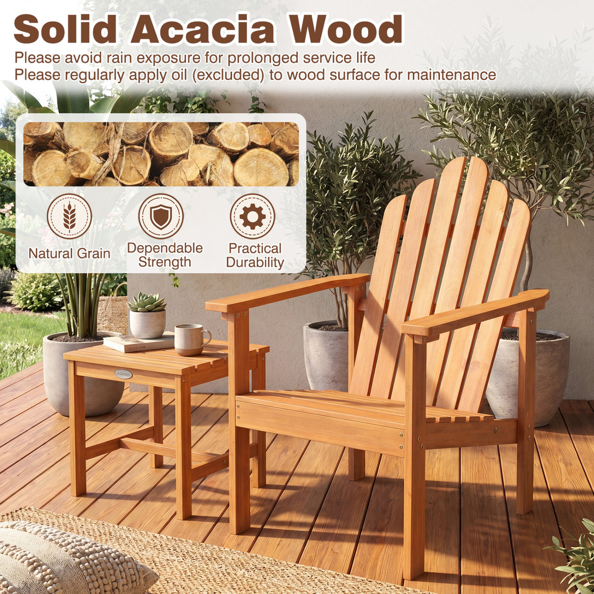 2-Pack/1-Pack Stackable Adirondack Chairs with Solid Acacia Wood for Patio