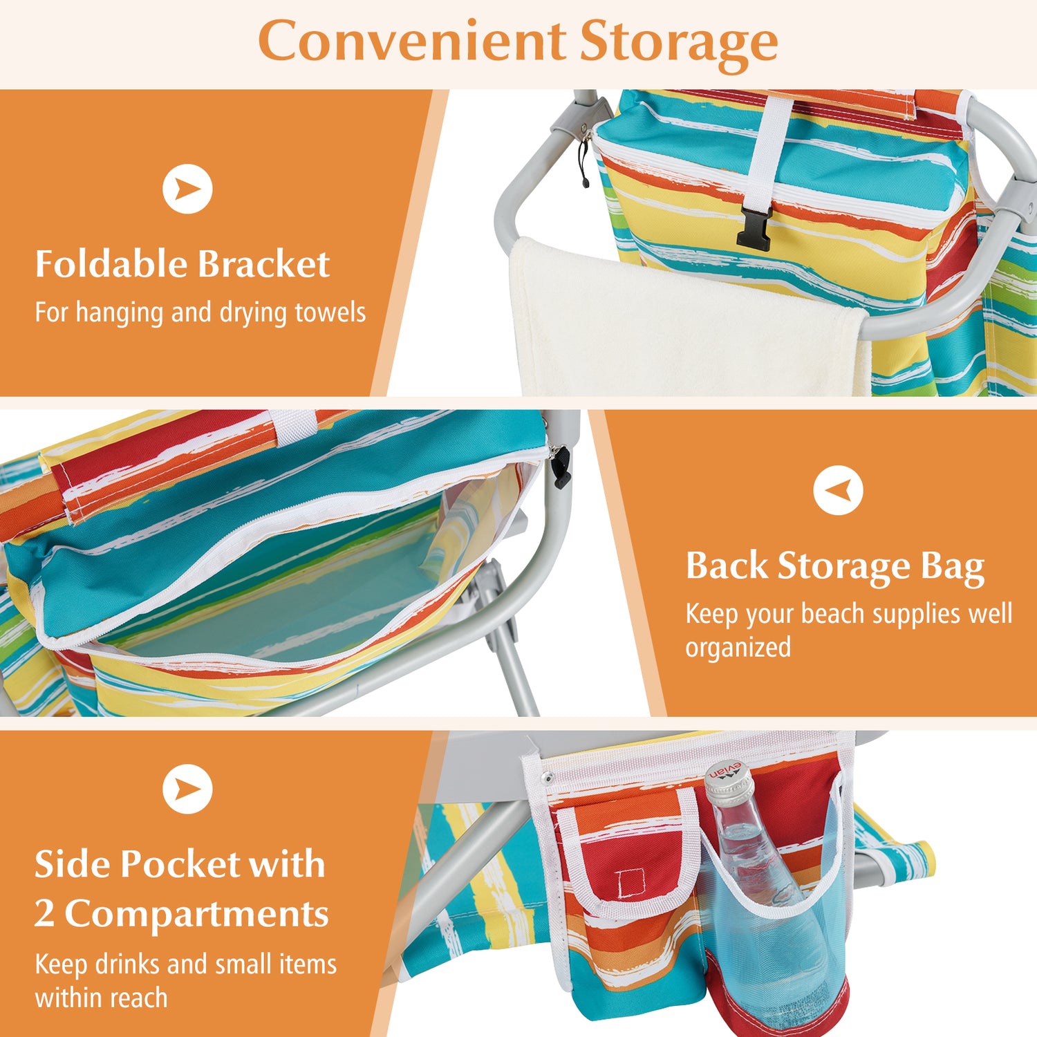 1 Piece Foldable Backpack Beach Chair with Cup Holder and Storage Pockets for Outdoor