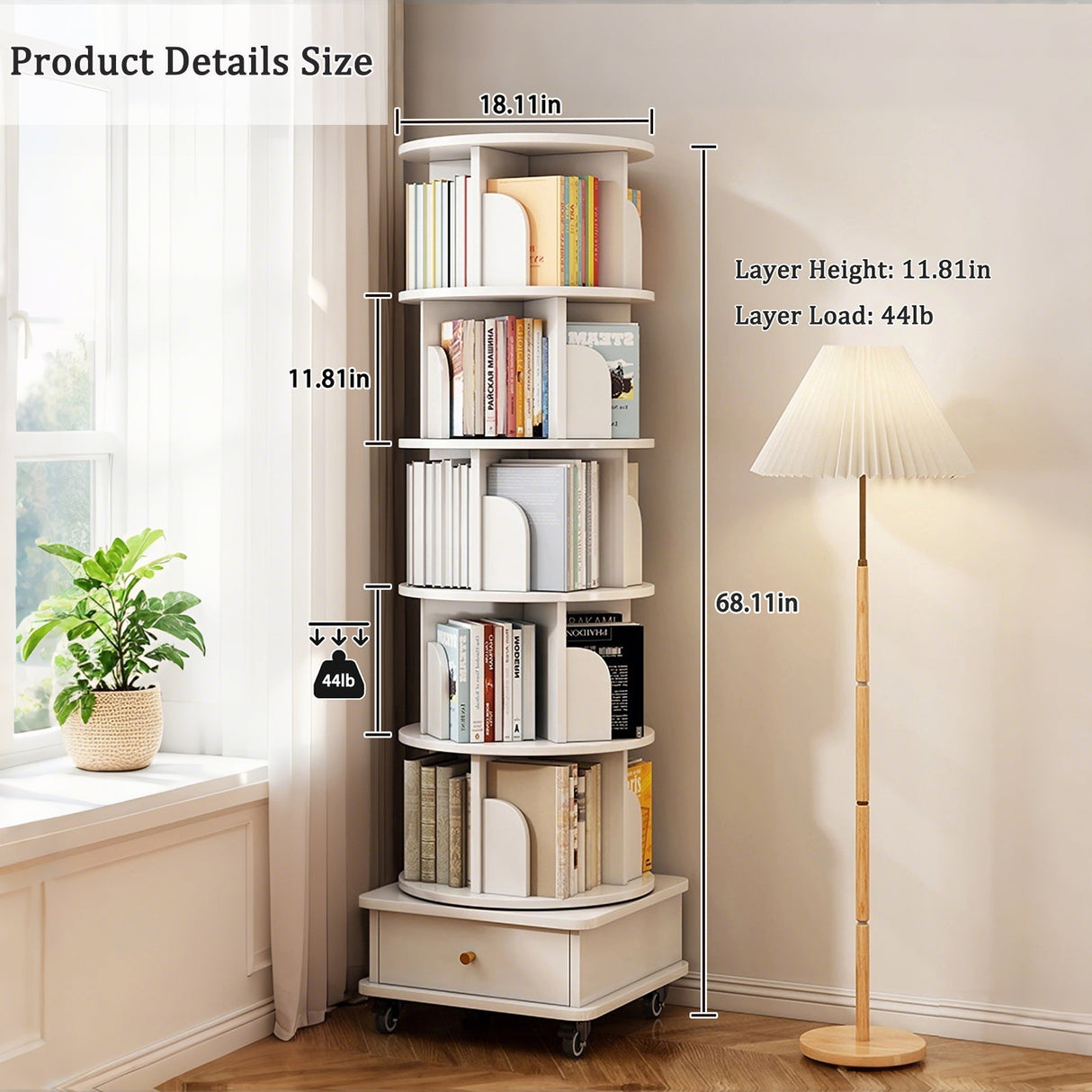 6 Tier Rotating Bookshelf with Wheels and Drawer, 360° Spinning Design, Space Saving Storage, for Home and Office, White MDF