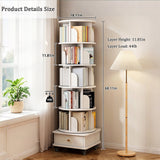 6 Tier Rotating Bookshelf with Wheels and Drawer, 360° Spinning Design, Space Saving Storage, for Home and Office, White MDF