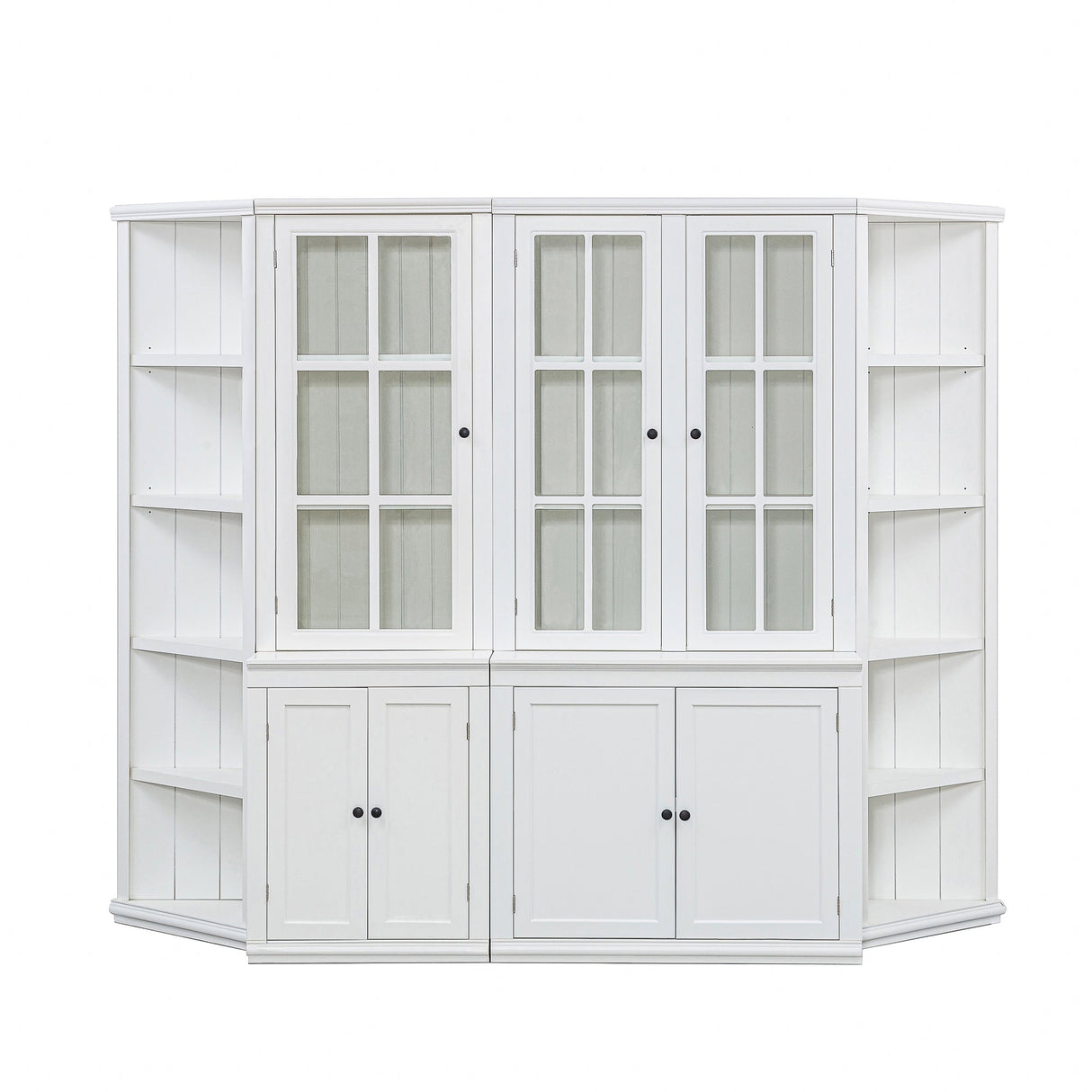 Retro Style Wall Suit with Glass Doors, 75.25'' Tall Display Cabinets & Triangle Sided Bookshelves, White