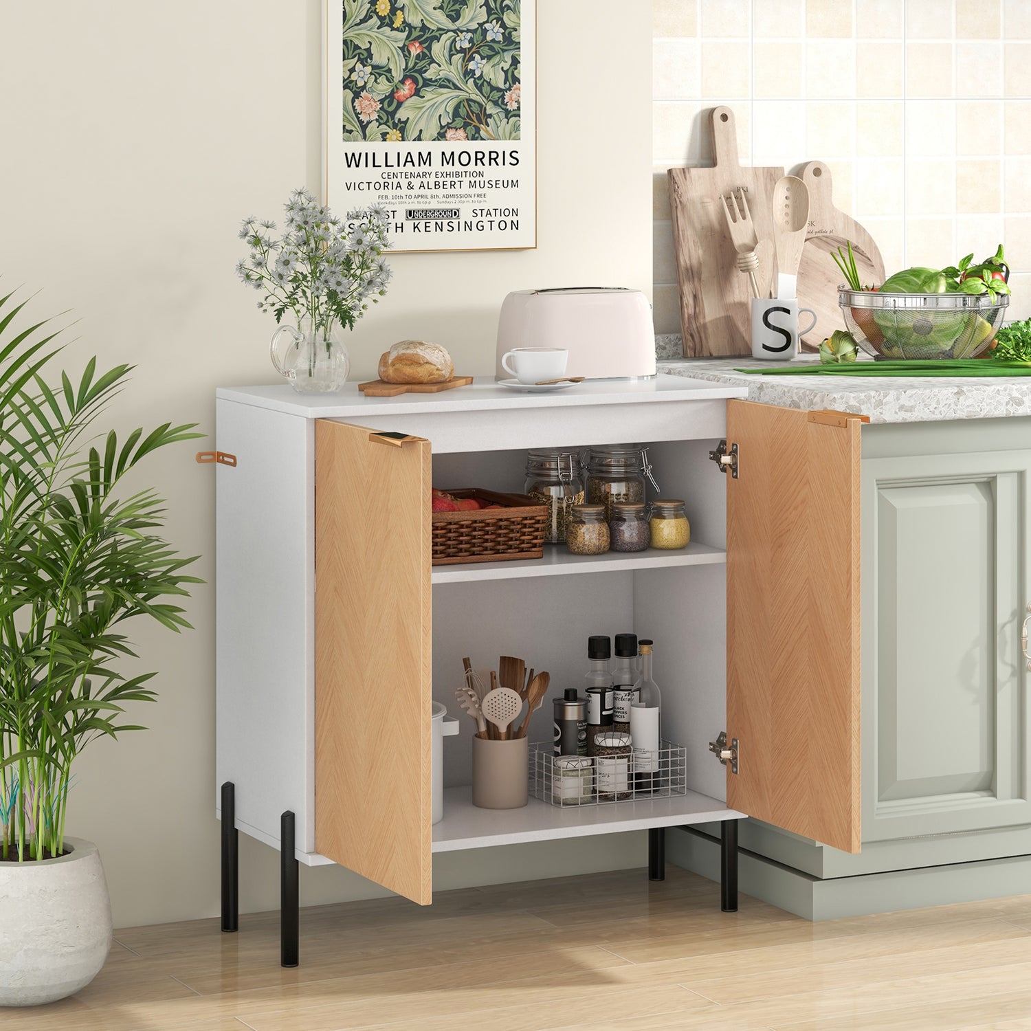 2-Door Buffet Cabinet Sideboard with Shelf and Metal Legs-White-Natural Wood