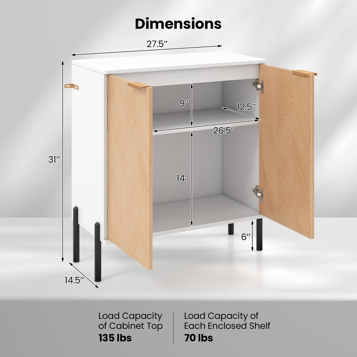 2-Door Buffet Cabinet Sideboard with Shelf and Metal Legs-White-Natural Wood