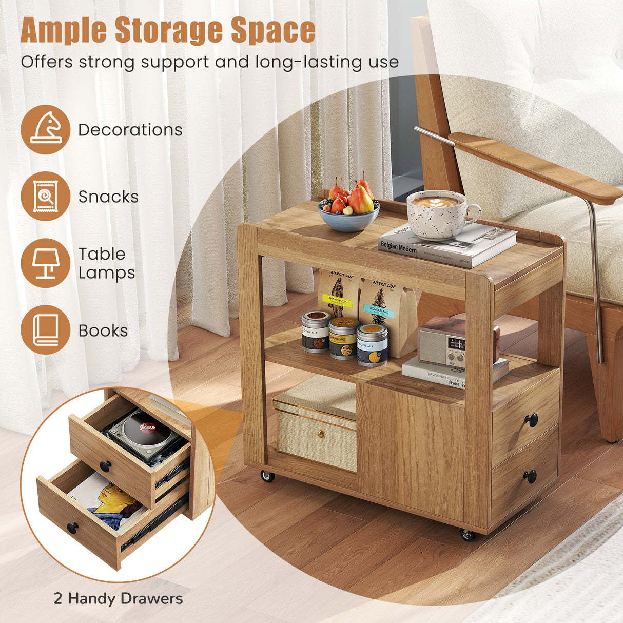 2-Drawer Sofa Side Table with Shelves for Living Room