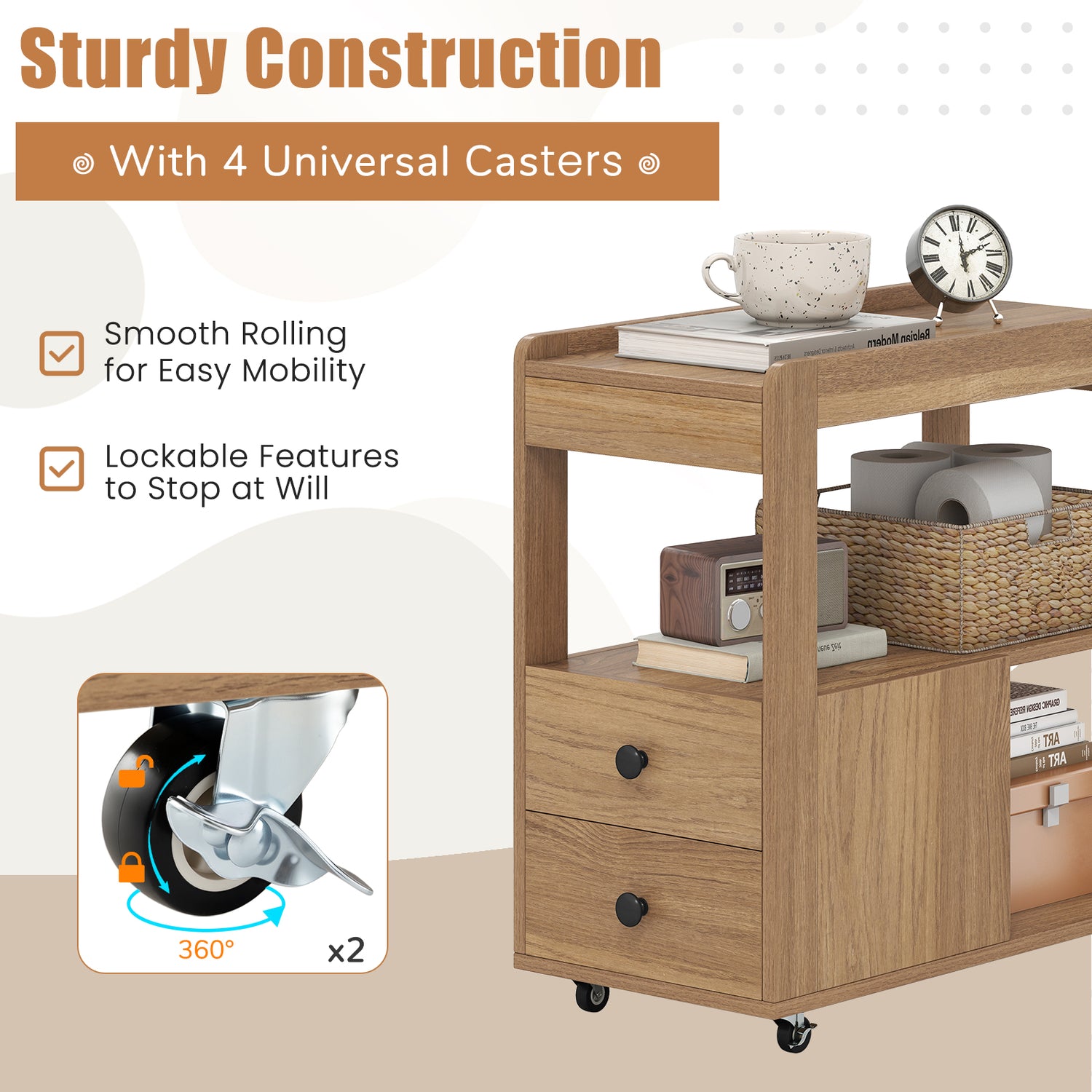 2-Drawer Sofa Side Table with Shelves for Living Room