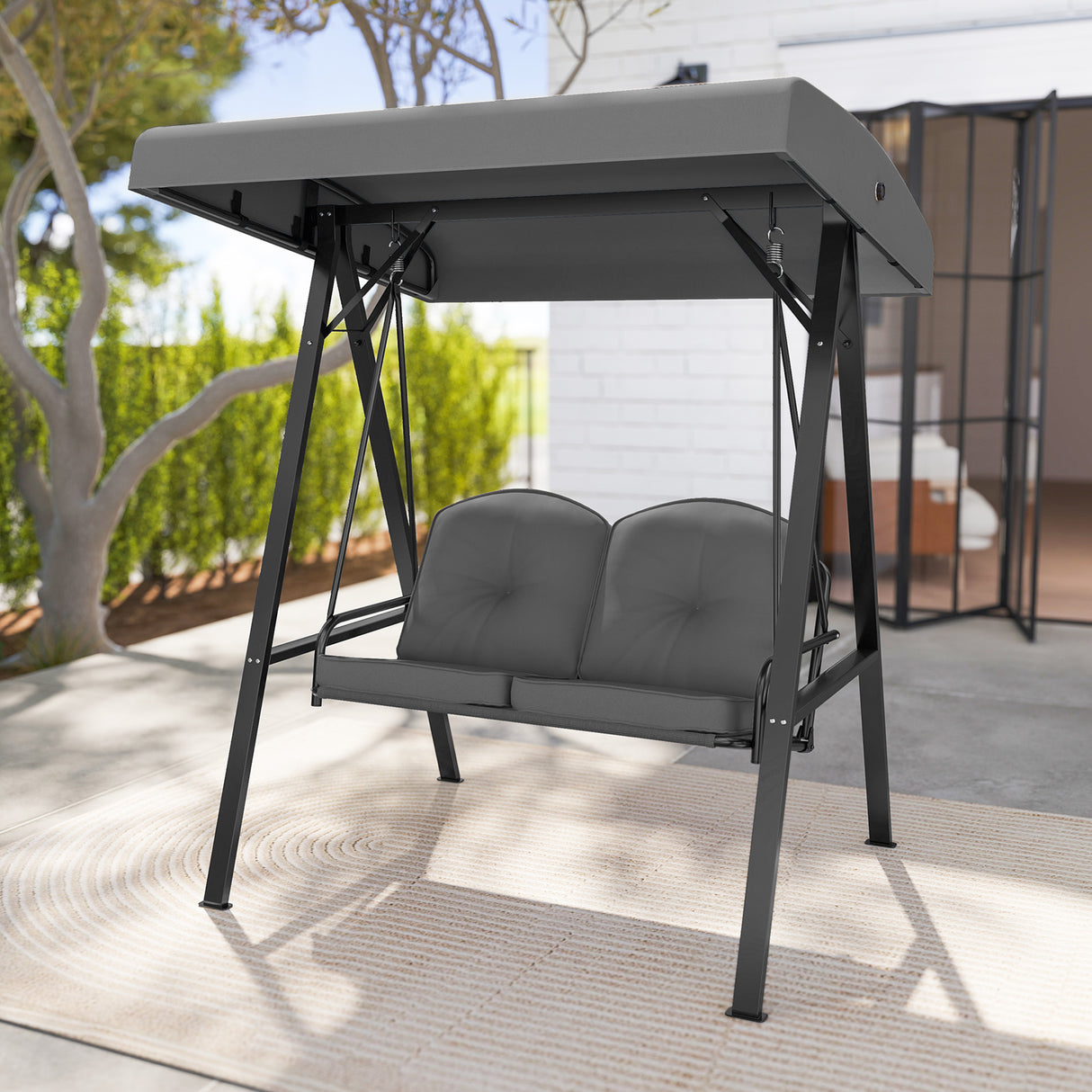 2-Person Outdoor Porch Swing with A-Shaped Metal Stand and Adjustable Canopy