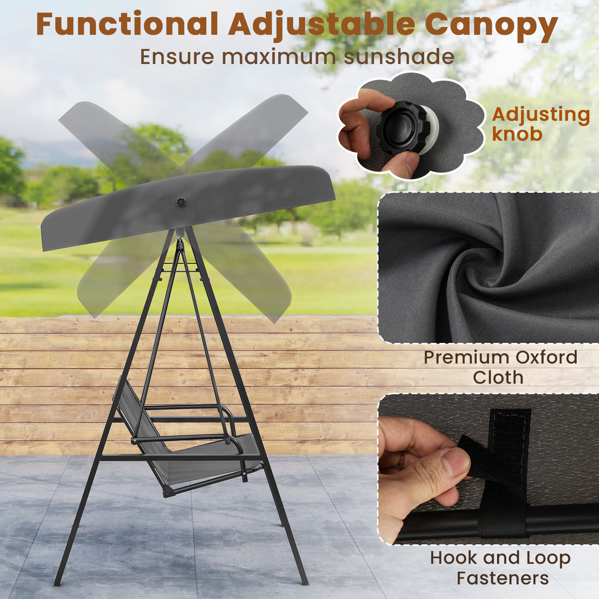 2-Person Outdoor Porch Swing with A-Shaped Metal Stand and Adjustable Canopy