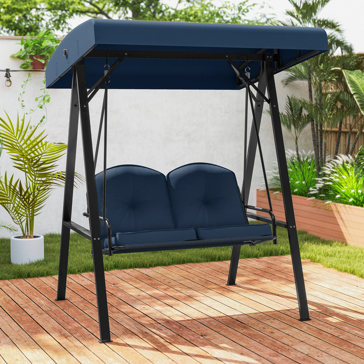 2-Person Outdoor Porch Swing with A-Shaped Metal Stand and Adjustable Canopy