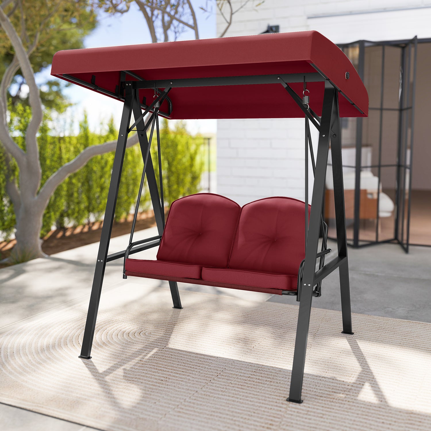 2-Person Outdoor Porch Swing with A-Shaped Metal Stand and Adjustable Canopy