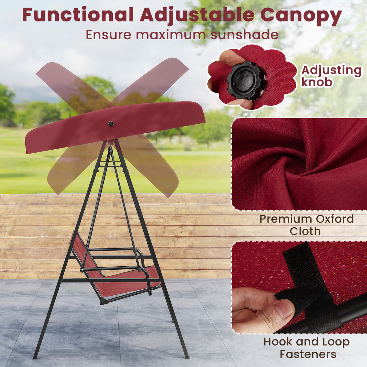 2-Person Outdoor Porch Swing with A-Shaped Metal Stand and Adjustable Canopy