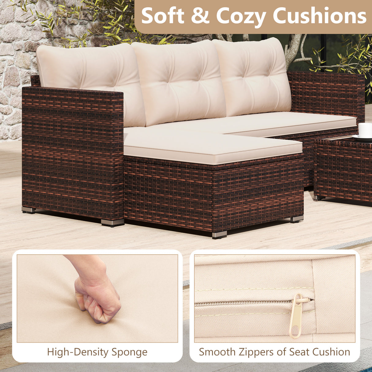 4 Seats Outdoor Wicker Furniture Set with Tempered Glass Coffee Table and Soft Cushions-Beige