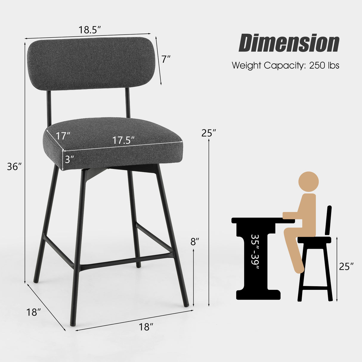 25 Inch 2-Piece Modern Upholstered Bar Stools with Back and Footrests