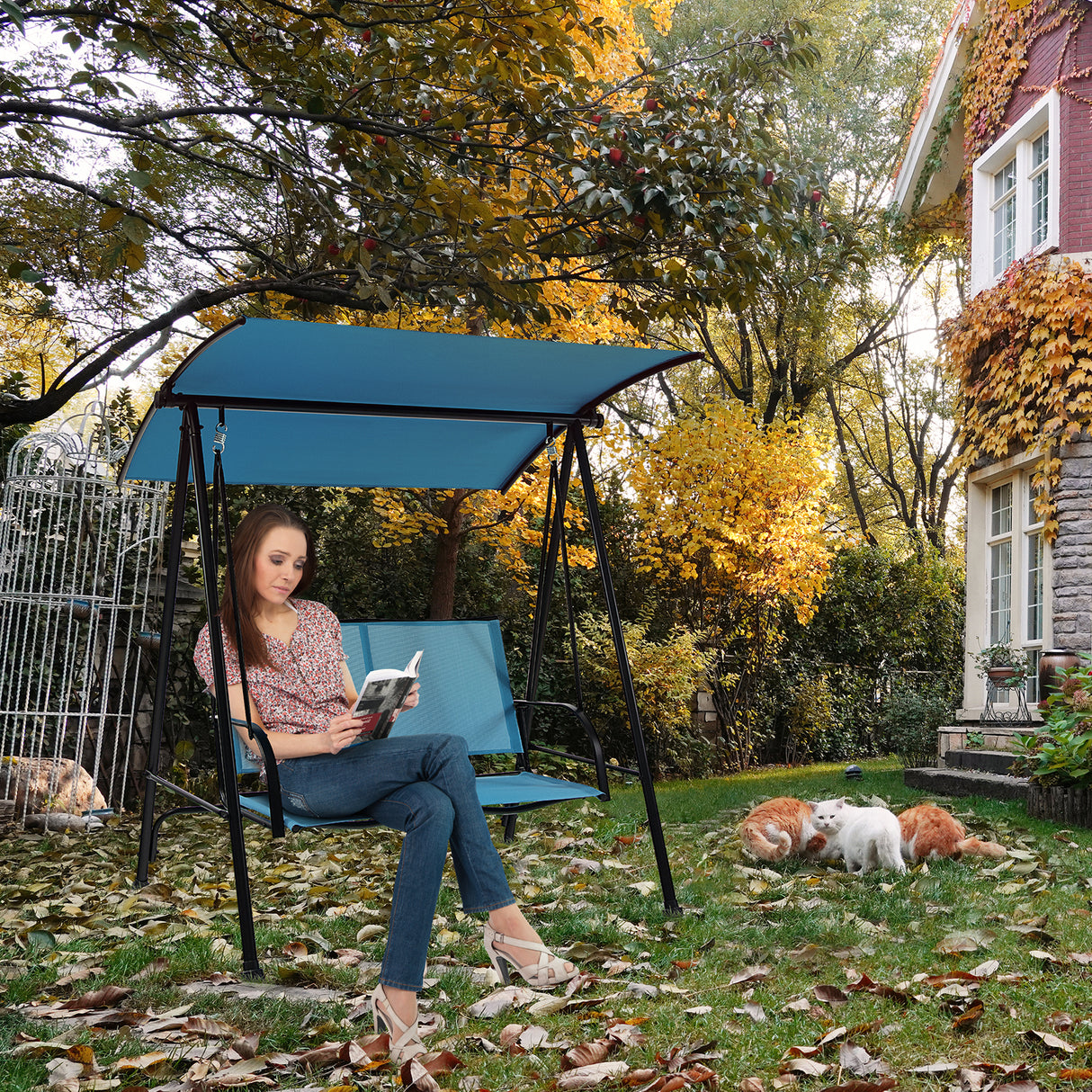 2-Seat Outdoor Canopy Swing with Comfortable Fabric Seat and Heavy-duty Metal Frame