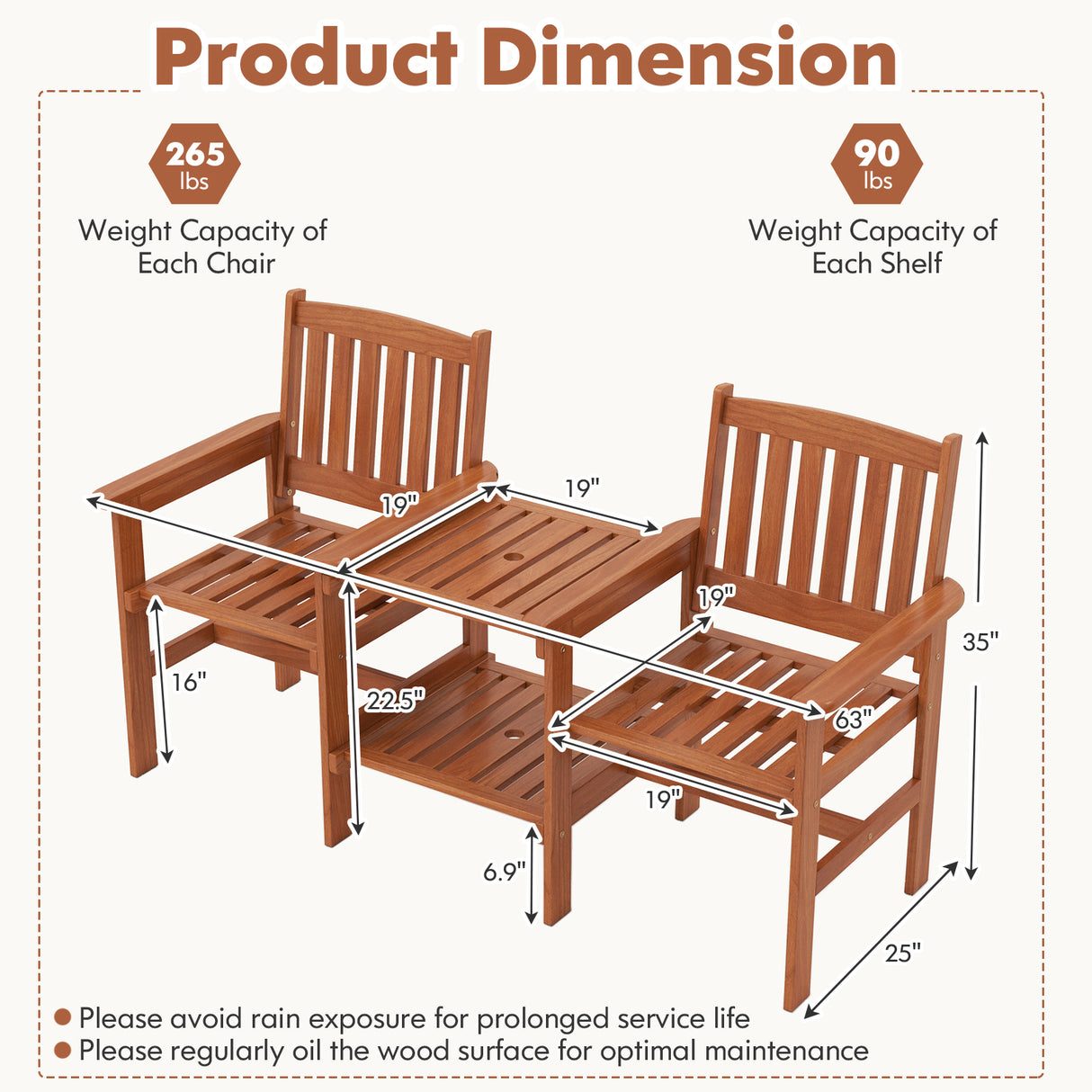2-Seater Outdoor Patio Furniture Set with 1.57 Inch Umbrella Hole