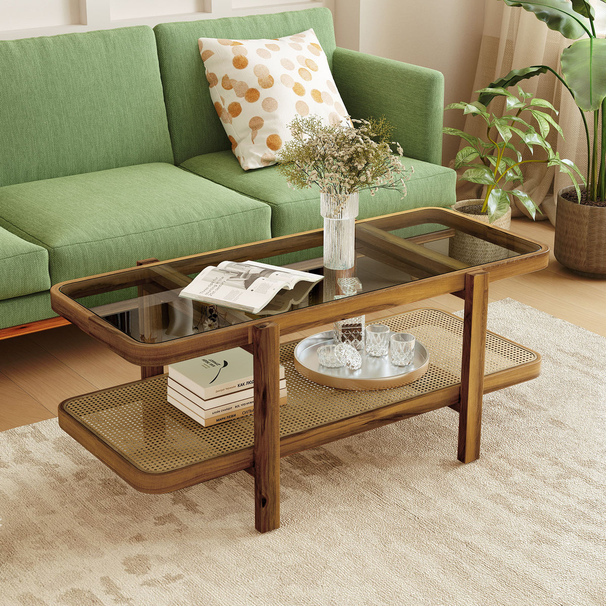 2-Tier Coffee Table with Storage and Tempered Glass Tabletop