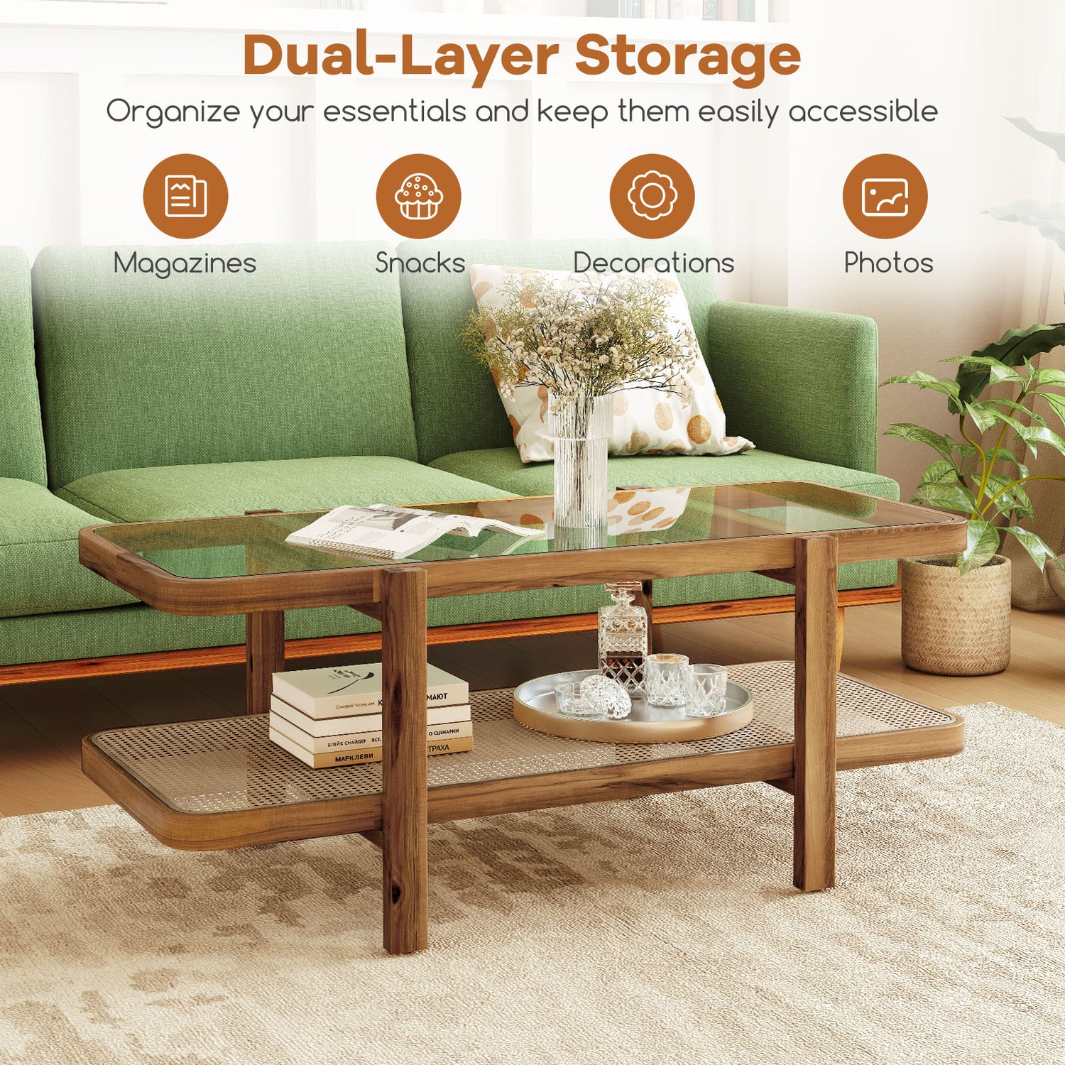 2-Tier Coffee Table with Storage and Tempered Glass Tabletop-Brown