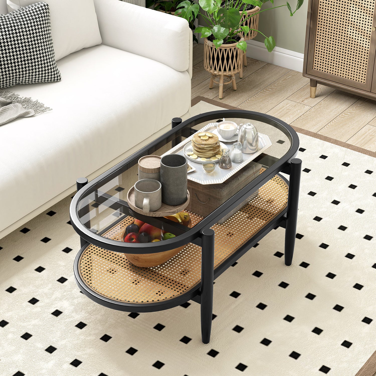 2-Tier Coffee Table with Tempered Glass Tabletop and Acacia Wood Frame