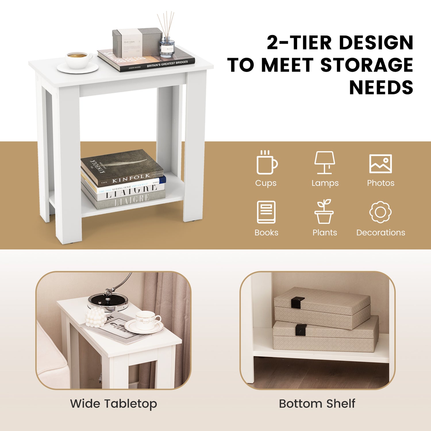2-Tier Modern Compact End Table with Storage Shelf