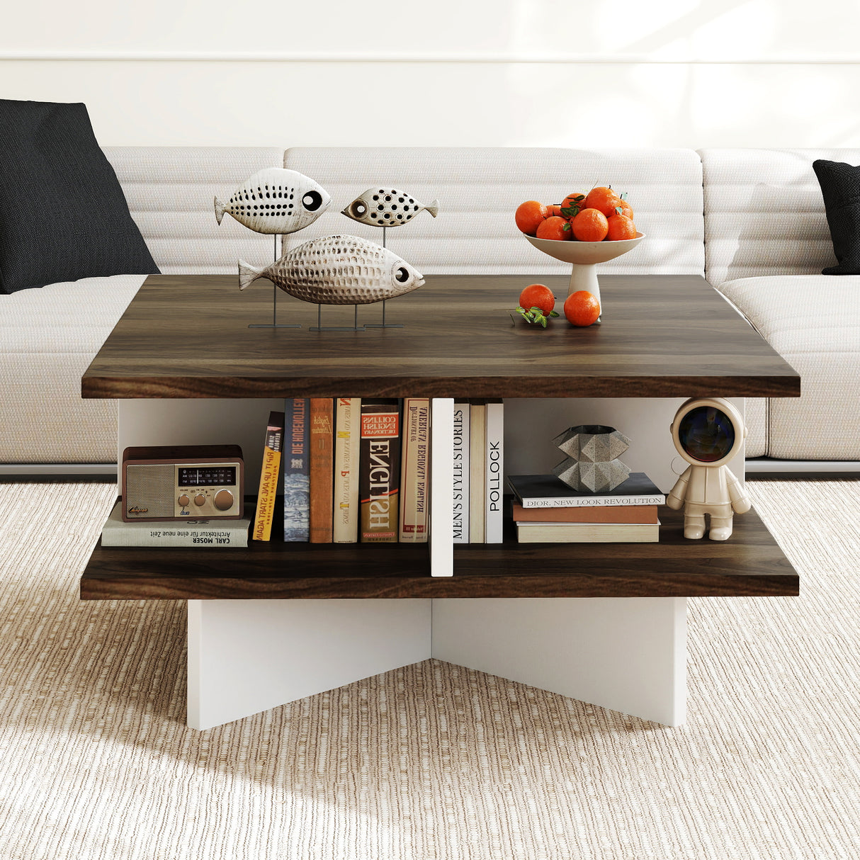 2-Tier Square Coffee Table with 4 Storage Compartments-Walnut