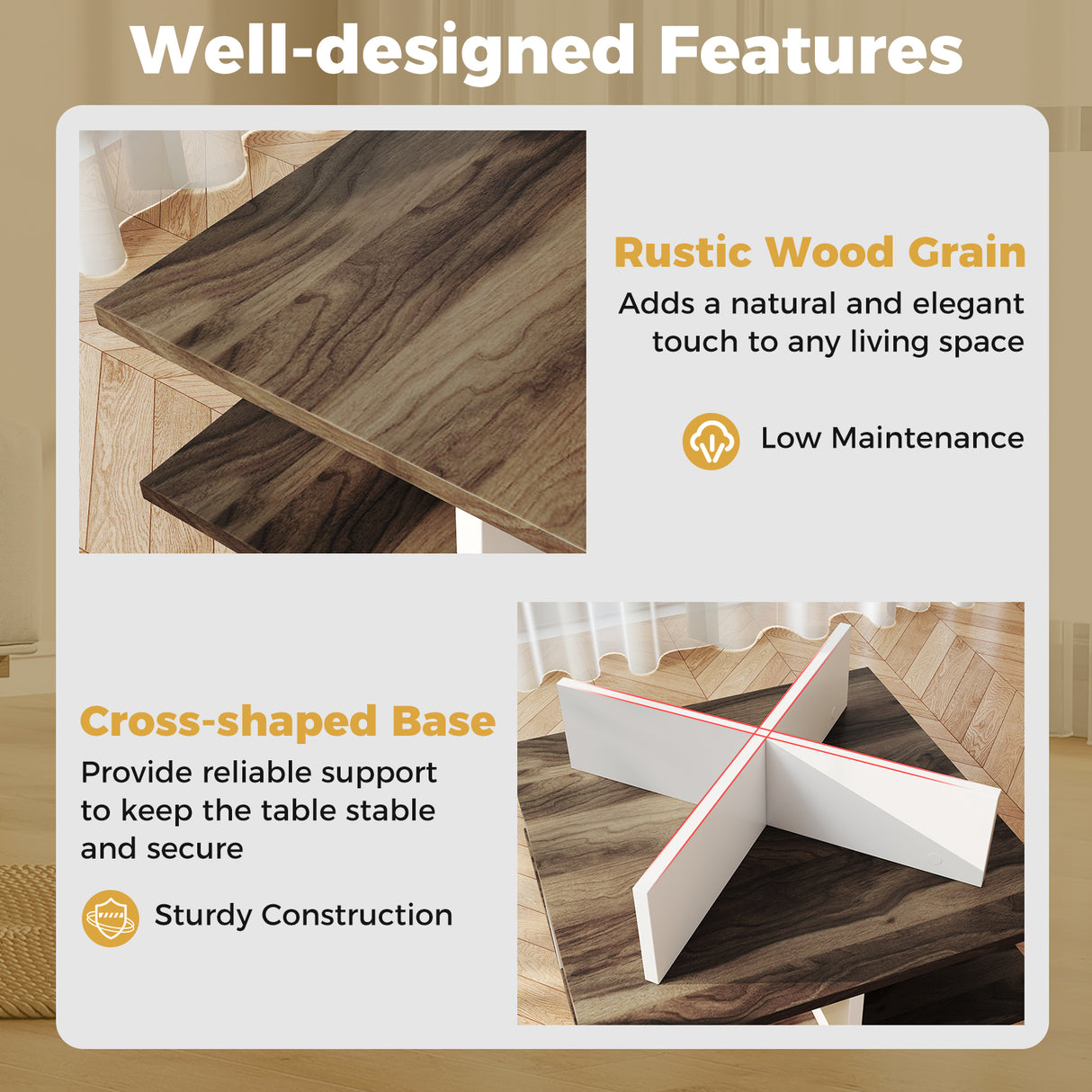 2-Tier Square Coffee Table with 4 Storage Compartments-Walnut