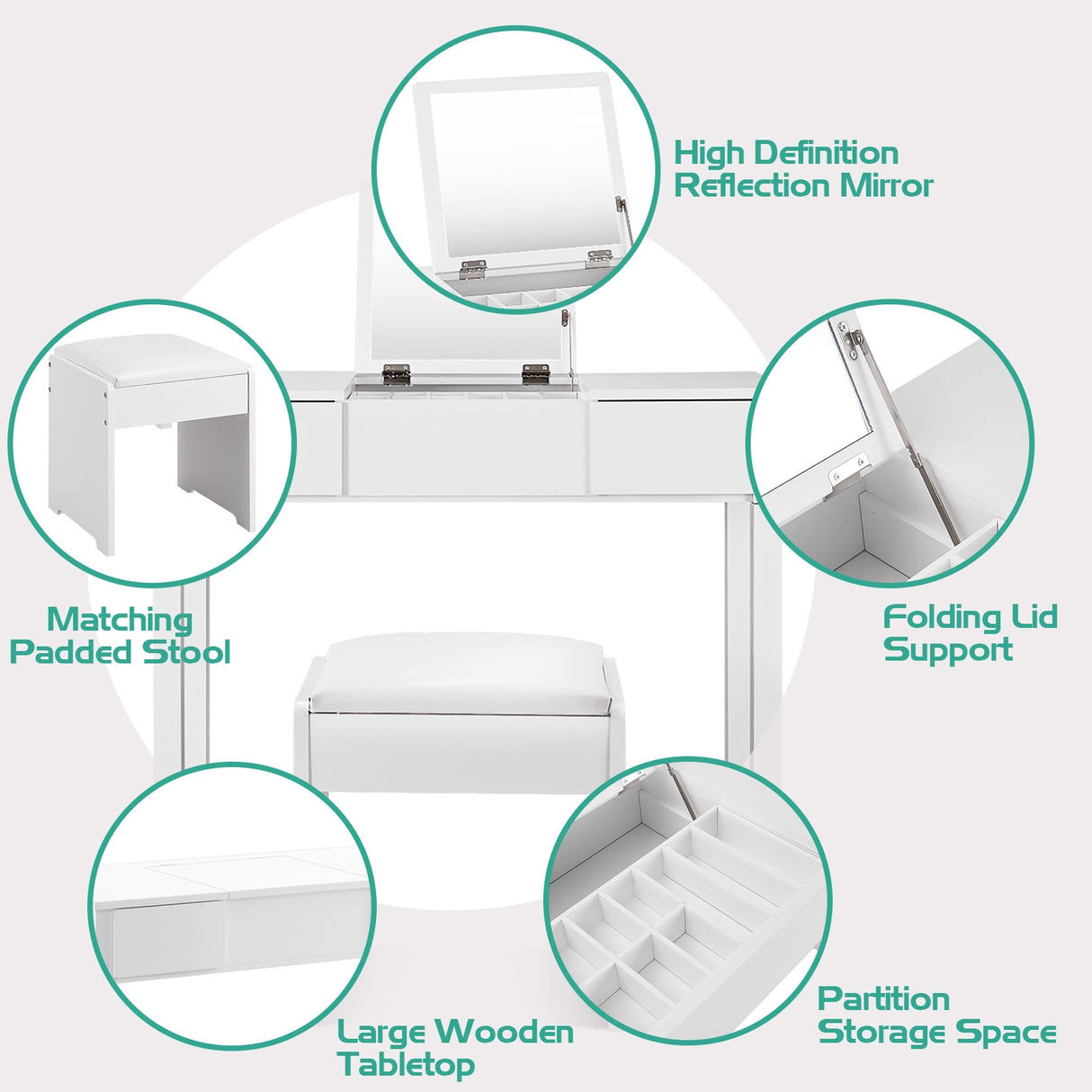 Vanity Makeup Dressing Table Set with Flip Top Mirror and Cushioned Stool-White