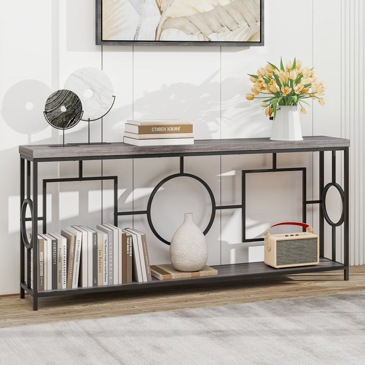 2-Tier Faux Marble Top Console Table with Storage Shelf for Hallway-Rustic Brown